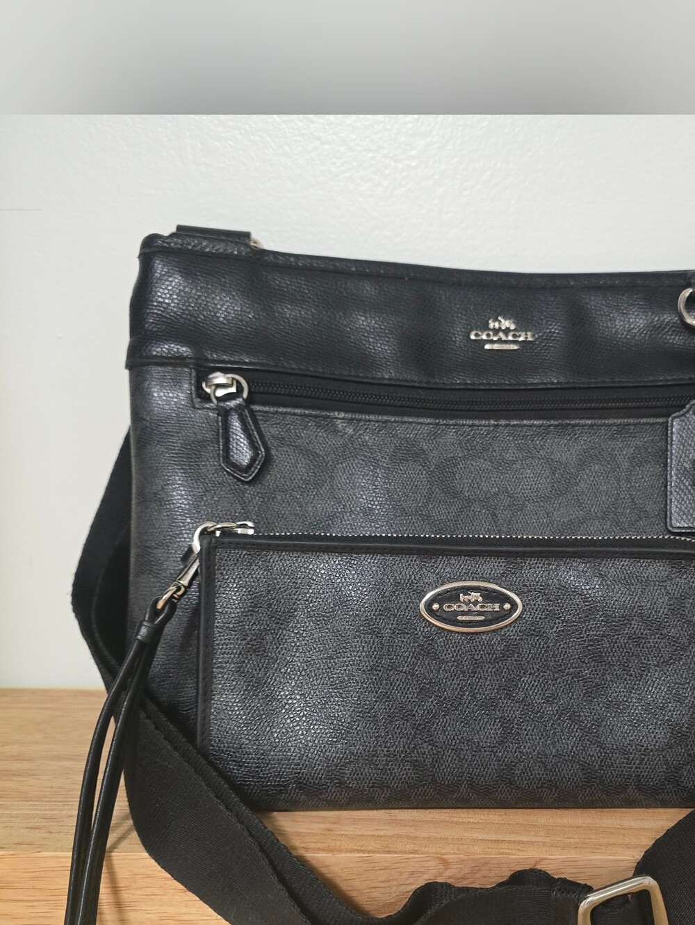 COACH Black Signature Crossbody with Wristlet Set